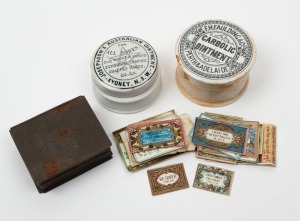 Antique tin match container with Australian coat of arms together with two Australian advertising paste pots, 19th century, (3 items), ​​​​​​​the larger pot 7cm diameter