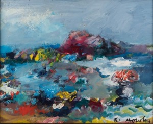 JOHN HOWLEY&nbsp;(1931-2020), untitled landscape in blue, oil on canvas, signed lower right "J. Howley, '81", 40 x 50cm, 51 x 60cm overall