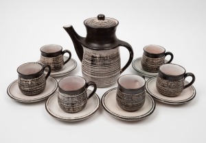 M.D.K. early ELLIS pottery coffee set for six, (13 items), incised "M.D.K.", the coffee pot 18cm high