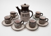 M.D.K. early ELLIS pottery coffee set for six, (13 items), incised "M.D.K.", ​​​​​​​the coffee pot 18cm high