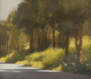 ARTIST UNKNOWN (Meldrum School), untitled roadside landscape, oil on board, ​​​​​​​40 x 45cm, 53 x 58cm overall