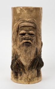 D. STUBLEY pottery vase with grasstrees and Aboriginal elders face, A/F, incised "D. Stubley", 27cm high