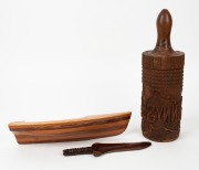 A half model boat hull, a folk art paper knife and a "SUNNY SOUTH" timber rolling pin with Australian map (missing handle), 19th/20th century, (3 items),  the hull 33cm long - 2