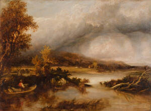 BRITISH SCHOOL: 19th Century landscape oil painting titled on frame "Exe...Village of Exenick in the Distance". 66 x49cm