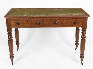 An antique Australian cedar lady's desk with two drawers and original embossed and tool green leather top, Sydney origin, 19th century, ​​​​​​​78cm high, 123cm wide, 61cm deep