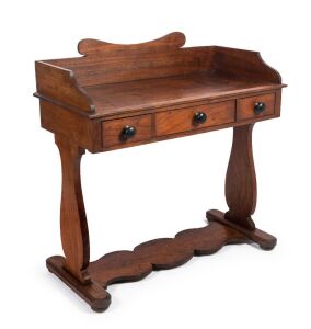 A Colonial Australian cedar desk with gallery top and three drawers, full cedar construction, Northern New South Wales original, circa 1850s, 96cm high, 95cm wide, 46cm deep