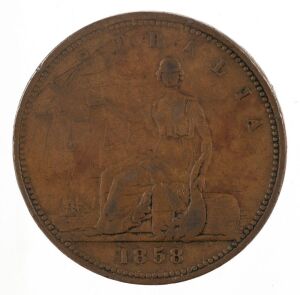 SHOP TOKENS group of shop tokens including HOSIE, J., Melbourne penny, 1862 (A.267). G., HARROLD BROTHERS, Adelaide penny, 1858 (A.195). VF., HANKS AND LLOYD, Sydney pennies, 1857 (A.190 & 191), VG/VF. (2). and Lloyd, W.F. & D.L., Wollongong penny, 1859 (A.331). VG/F. (5 items)