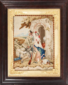 19th Century framed tapestry & framed coloured print "In The Townhall Antwerp". 50 x 45cm approx each