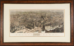 Hand coloured lithograph "A Bird's Eye View of Manchester 1889", supplement to the Graphic November 1889, drawn by H.W Brewer. Impressively framed. 120 x 57cm