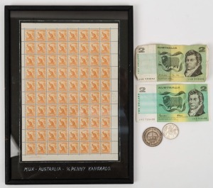 A framed sheet of half penny stamps (with variant), together with Australian round 50 cent coin, a 1937 Australian silver crown, and two paper $2 notes, (5 items).