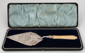 BRUNSWICK BAPTIST SUNDAY SCHOOL presentation trowel, silver plated with carved ivory handle in original presentation box. Engraved "Presented To Mr. John Jenkin On The Occasion Of his Laying The Memorial Stone Of The Baptist Sunday School, Brunswick, May 23, 1908".