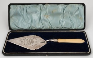 BRUNSWICK BAPTIST SUNDAY SCHOOL presentation trowel, silver plated with carved ivory handle in original presentation box. Engraved "Presented To Mr. John Jenkin On The Occasion Of his Laying The Memorial Stone Of The Baptist Sunday School, Brunswick, May 