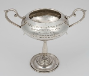 GLENELG HORSES-IN-ACTION SOCIETY Australian silver two-handled trophy, engraved "Holdfast Bay Hunters Club, Presented By A. J. Jackman Esq. To Be Won Twice By The Same Owner.", 18.5cm high, 590 grams