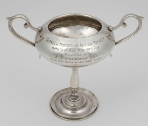 GLENELG HORSES-IN-ACTION SOCIETY Australian silver two-handled trophy, engraved "Holdfast Bay Hunters Club, Presented By A. J. Jackman Esq. To Be Won Twice By The Same Owner.", 18.5cm high, 590 grams