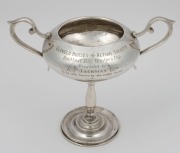 GLENELG&nbsp;HORSES-IN-ACTION SOCIETY Australian silver two-handled trophy, engraved "Holdfast Bay Hunters Club, Presented By A. J. Jackman Esq. To Be Won Twice By The Same Owner.", 18.5cm high, 590 grams