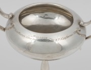 GLENELG&nbsp;HORSES-IN-ACTION SOCIETY Australian silver two-handled trophy, engraved "Holdfast Bay Hunters Club, Presented By A. J. Jackman Esq. To Be Won Twice By The Same Owner.", 18.5cm high, 590 grams - 2
