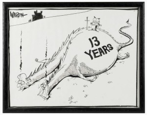 WARREN BROWN "13 Years" original pen and ink cartoon depicting the defeat of The Labor Government,&nbsp;published in the Sydney Telegraph, framed and glazed, 27 x 34cm overall
