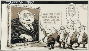 JEFF HOOK "Jeff's View", original pen and ink on artist card, commenting on the Victorian elections, depicting Henry Bolte and Jeff Kennett,&nbsp;published 12th Jan. 1990, 16 x 27cm, 33 x 43.5cm overall