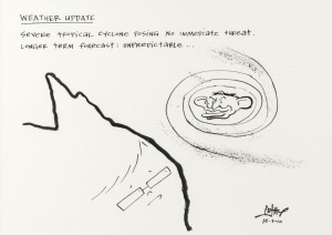 SEAN LEAHY "Storm Ahead" original pen and ink cartoon depicting Tony Abbott as a tropical cyclone off the coast of Kevin Rudd, published in The Herald Sun, March, 2010, 19 x 27cm, 35 x 41.5cm overall
