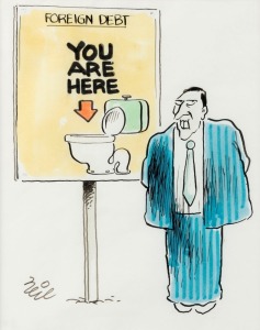 NEIL MATTESON "Down The Toilet" original ink and wash cartoon depicting Paul Keating and the issue of foreign debt, published in the Melbourne Herald, ​​​​​​​17 x 14cm, 37 x 32cm overall