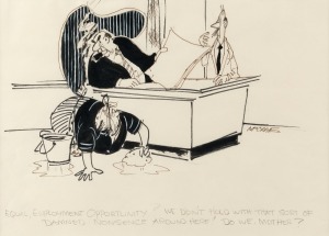 STEWART McCRAE "Equal Pay" original pen and ink cartoon, published in The Age, circa 1989, 19 x 25cm, 36 x 42cm overall