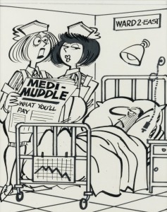 WEG "Launch of Medicare" original pen and ink cartoon, published in The Melbourne Sun, 25 x 20cm, 44.5 x 34.5cm overall