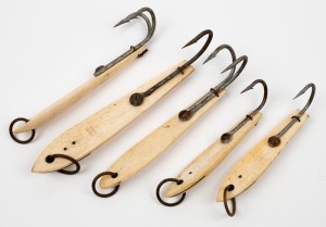 FISHING JIGS group of five Japanese examples made from carved whalebone, steel and brass, the largest 17cm overall