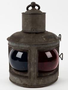 A ship's bulkhead lantern, displaying starboard and port side lights, 30cm high overall