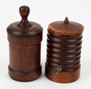 A vintage Australian mulga wood dispenser in the form of a corrugated water tank together with a turned cedar dispenser, 19th and 20th century, (2 items), the largest 14.5cm high