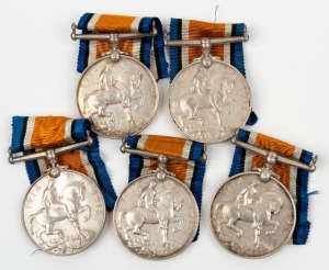 1914-20 British War Medals to Australians: 3454 PTE. H. BAKER. 21 - BN. A.I.F.; 3780 PTE. A.J. BANNISTER. 22 BN. A.I.F.; E. BERRY. AUSTRALIA. 538.; 6311 GNR. A.G. BRACKEN. 4 F.A.B. A.I.F.; and, 4449 PTE. E. BUTT. 6-BN. A.I.F. (5 medals).