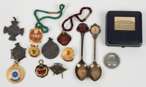 "Returned from Active Service 1942" badge, Essendon Returned Servicemen's Club 1970 fob, Scottish Ex-Service Association badges, Royal Life Saving Society awards (4, all engraved to H. Storer), and several other items. (13).