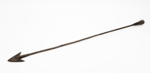 An antique whale harpoon, double flued with additional binding to haft end, stamped (illegible), 19th century, 111.5cm long