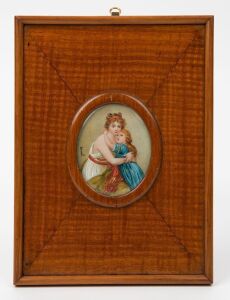An antique hand-painted miniature in fiddleback blackwood frame, 19th/20th century, 17.5 x 13cm overall