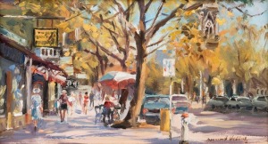 DERMONT HELLIER (1916-2006), Paris End, Collins Street, Melbourne, oil on canvas board, signed lower right "Dermont Hellier", 12 x 23cm, 30 x 40cm overall