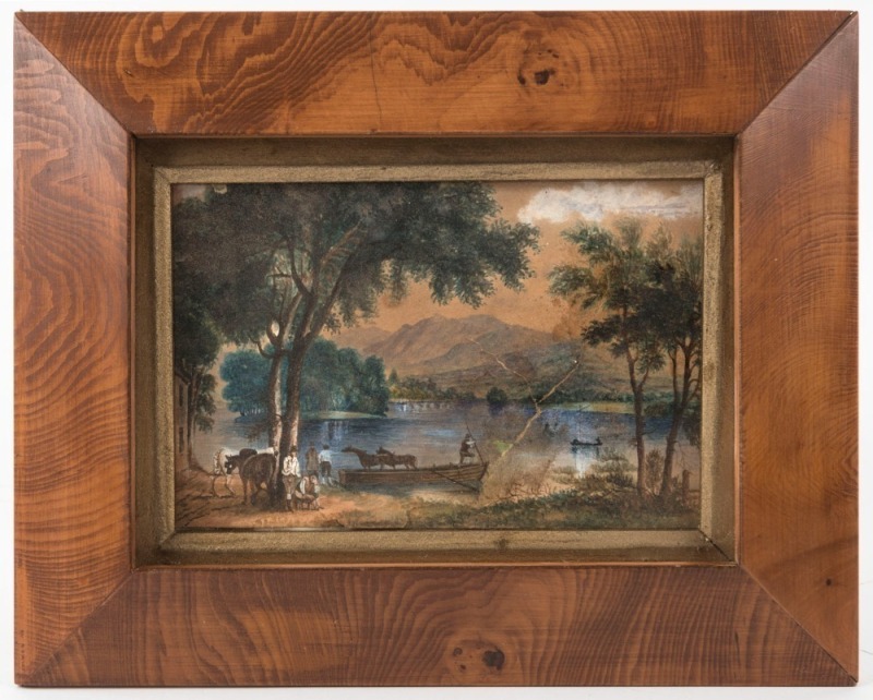 ARTIST UNKNOWN, (19th century), (on the Derwent, Tasmania), watercolour, housed in a huon pine frame, ​​​​​​​10 x 15cm, 19 x 23.5cm overall