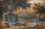 ARTIST UNKNOWN, (19th century), (on the Derwent, Tasmania), watercolour, housed in a huon pine frame, ​​​​​​​10 x 15cm, 19 x 23.5cm overall - 2