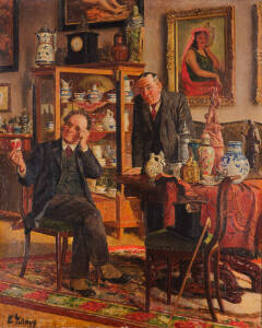 EUGENIE SZILAGYI (Hungarian/American, 1874-1976): The Dealer & the Collector. Oil on canvas signed lower left c1920s. 50 x 40cm