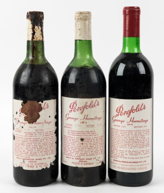 1970, 1972, 1888 PENFOLDS GRANGE HERMITAGE Bin 95, 750ml, (3 bottles), Note: 1970 label badly damaged and cork appears to have had some leakage
