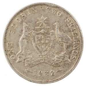 Two Shillings:1932 KGV florin, mintage 188,000, VF+.