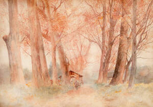 HIROSHI YOSHIDA (1876-1950): Japanese rural scene watercolour, signed & titled lower right "Fuchi. H.Yoshida". 93 x 66cm