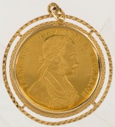 Austria - Coins: 4 Ducat Franz Josef, Gold 1915 restrike, accompanied by an 18ct gold (7.3gms) brooch mount. (2 items). - 2