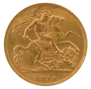 Great Britain - Coins: 1914 Half Sovereign, George V, St. George reverse, aUnc.