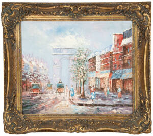 Pair of French street scene oil paintings in ornate gilt frames. 60 x 50cm