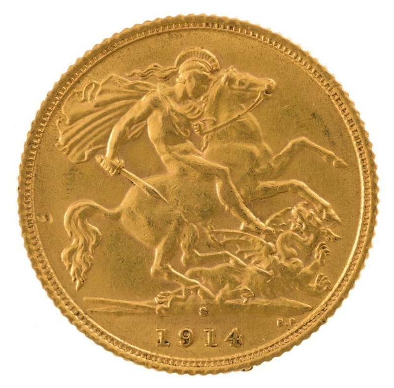 1914 Half Sovereign, George V, St. George reverse, Sydney.