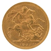 1909 Sovereign, Edward VII, St. George reverse, Perth,EF.