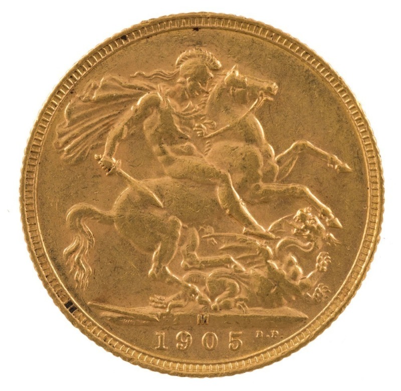 1905 Sovereign, Edward VII, St. George reverse, Melbourne, EF.