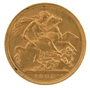 1905 Sovereign, Edward VII, St. George reverse, Melbourne, EF.