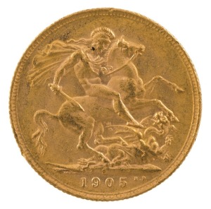 1905 Sovereign, Edward VII, St. George reverse, Sydney, EF.