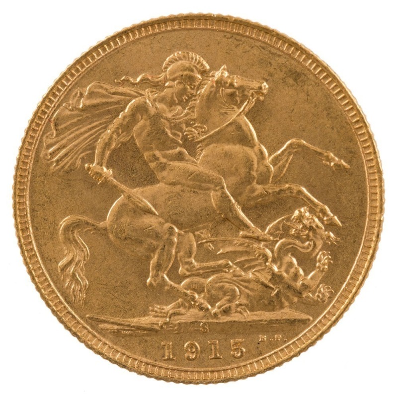 1915 Sovereign, George V, St. George reverse, Sydney, Unc.