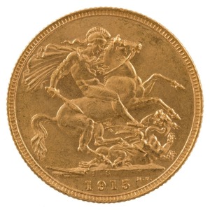 1915 Sovereign, George V, St. George reverse, Sydney, Unc.